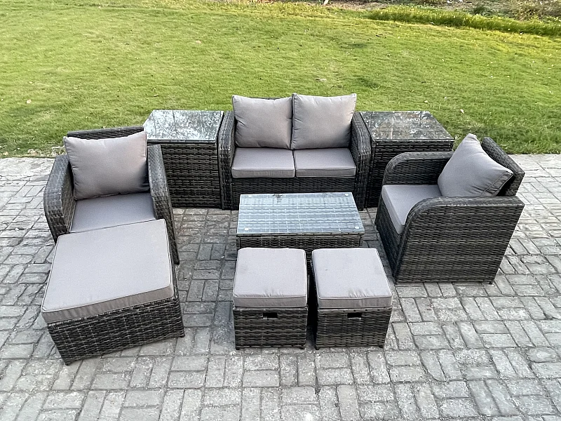 Rattan Gartenmöbel Set mit Gartensofa 7-Sitzer Dunkelgrau