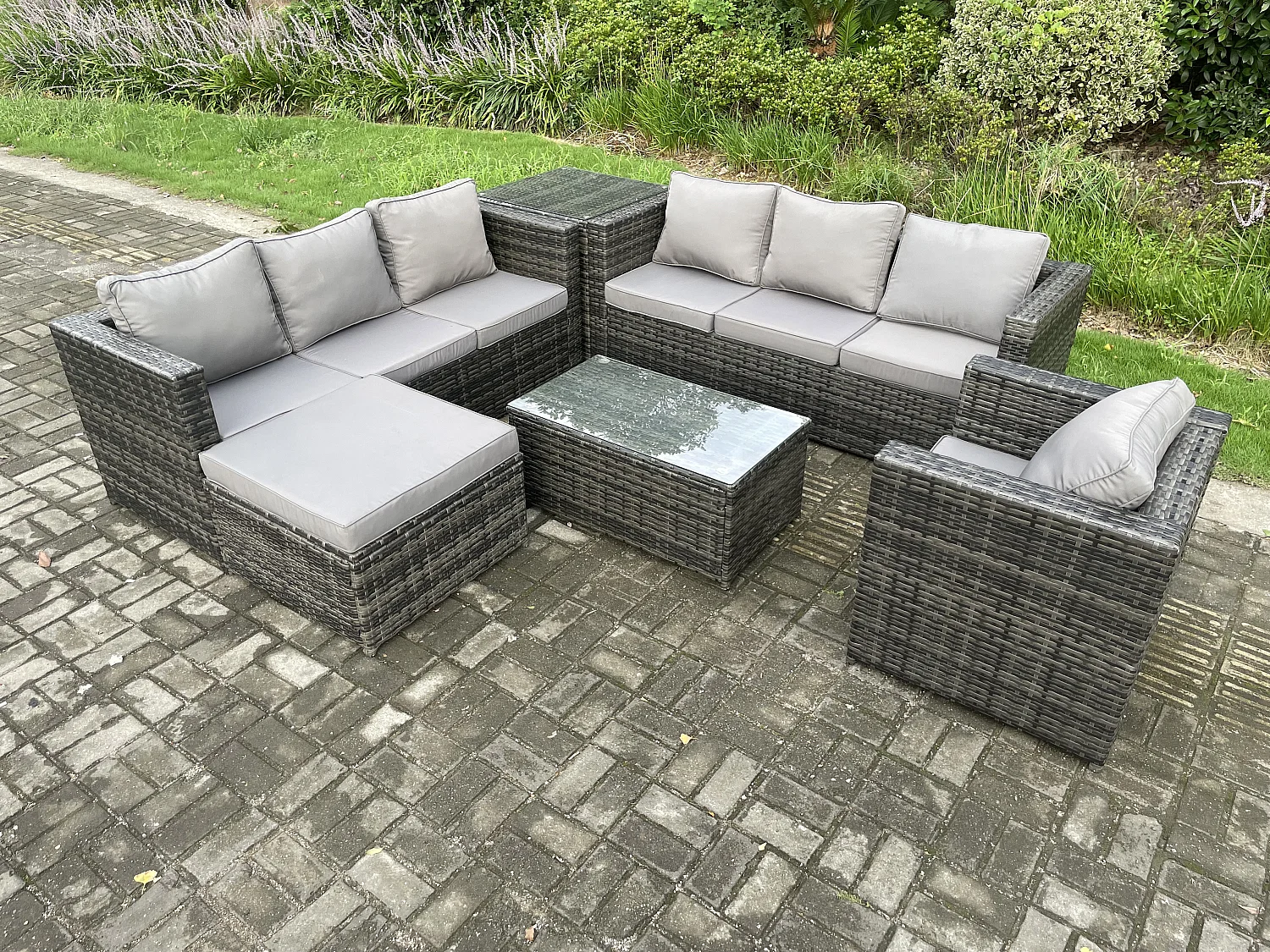Fimous Wicker PE Rattan Sofa Set Outdoor Patio Garden Furniture with Armchair Oblong Coffee Table Side Table Big Footstool Dark Grey Mixed