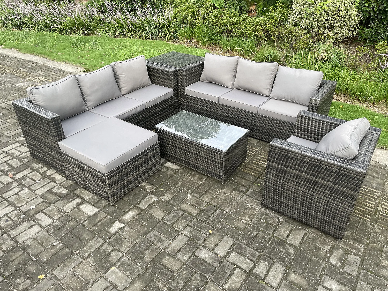 Fimous Wicker PE Rattan Sofa Set Outdoor Patio Garden Furniture with Armchair Oblong Coffee Table Side Table Big Footstool Dark Grey Mixed