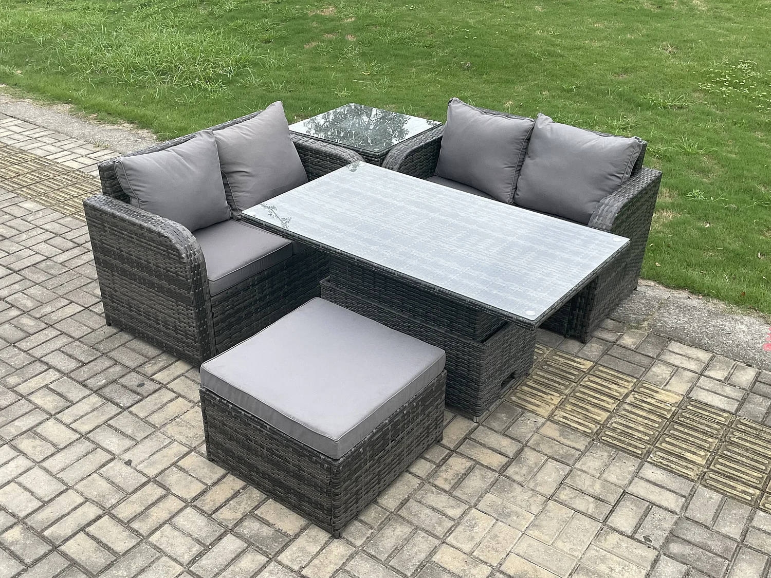 5-Sitzer Polyrattan Gartenmöbel Set mit Einstellbare Höhe Esstisch Dunkelgrau
