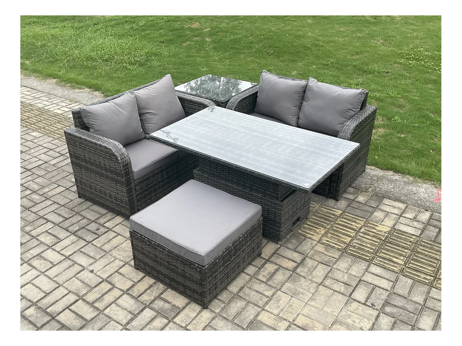 5-Sitzer Polyrattan Gartenmöbel Set mit Einstellbare Höhe Esstisch Dunkelgrau