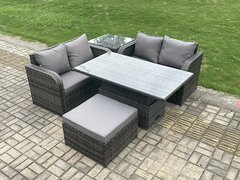 5-Sitzer Polyrattan Gartenmöbel Set mit Einstellbare Höhe Esstisch Dunkelgrau