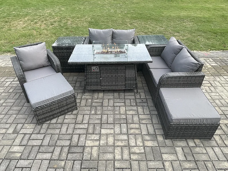Gartensofa Set mit Gas Feuertisch 7-Sitzer