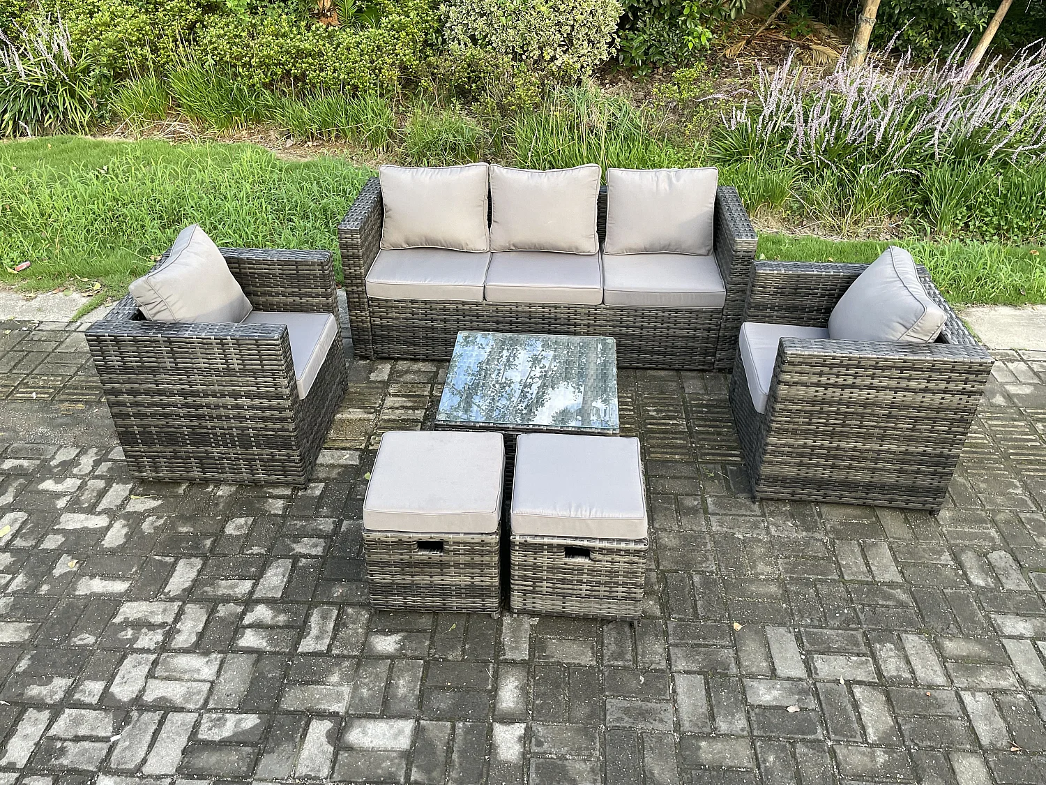 Polyrattan Gartenmöbelset im Freien mit Couchtisch Dunkelgrau 7-Sitzer