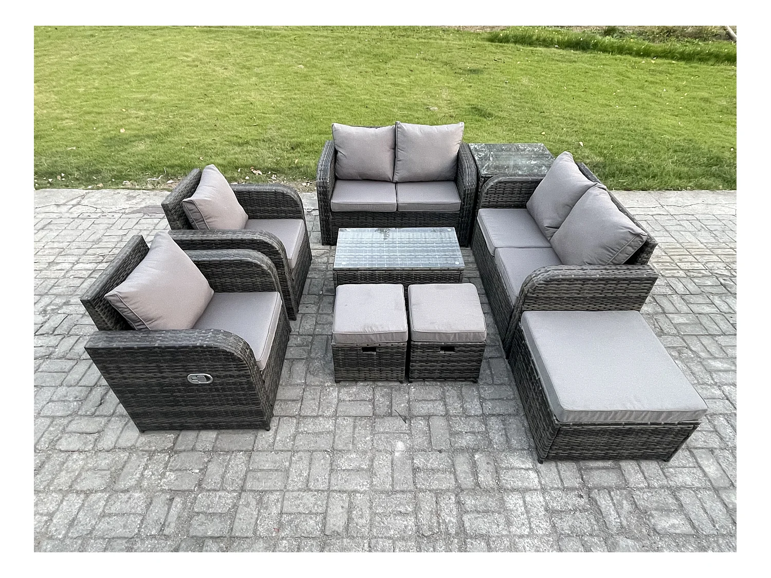 9-Sitzer Rattan Gartenmöbel Set mit Tish Sofa Dunkelgrau