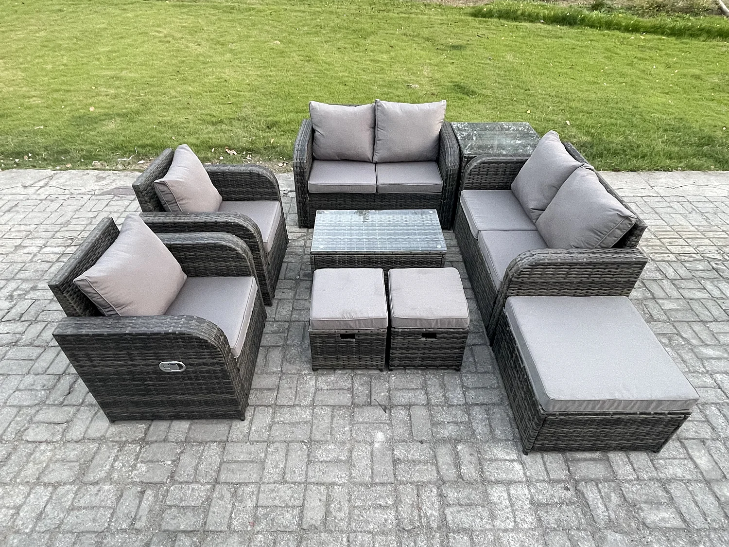 9-Sitzer Rattan Gartenmöbel Set mit Tish Sofa Dunkelgrau