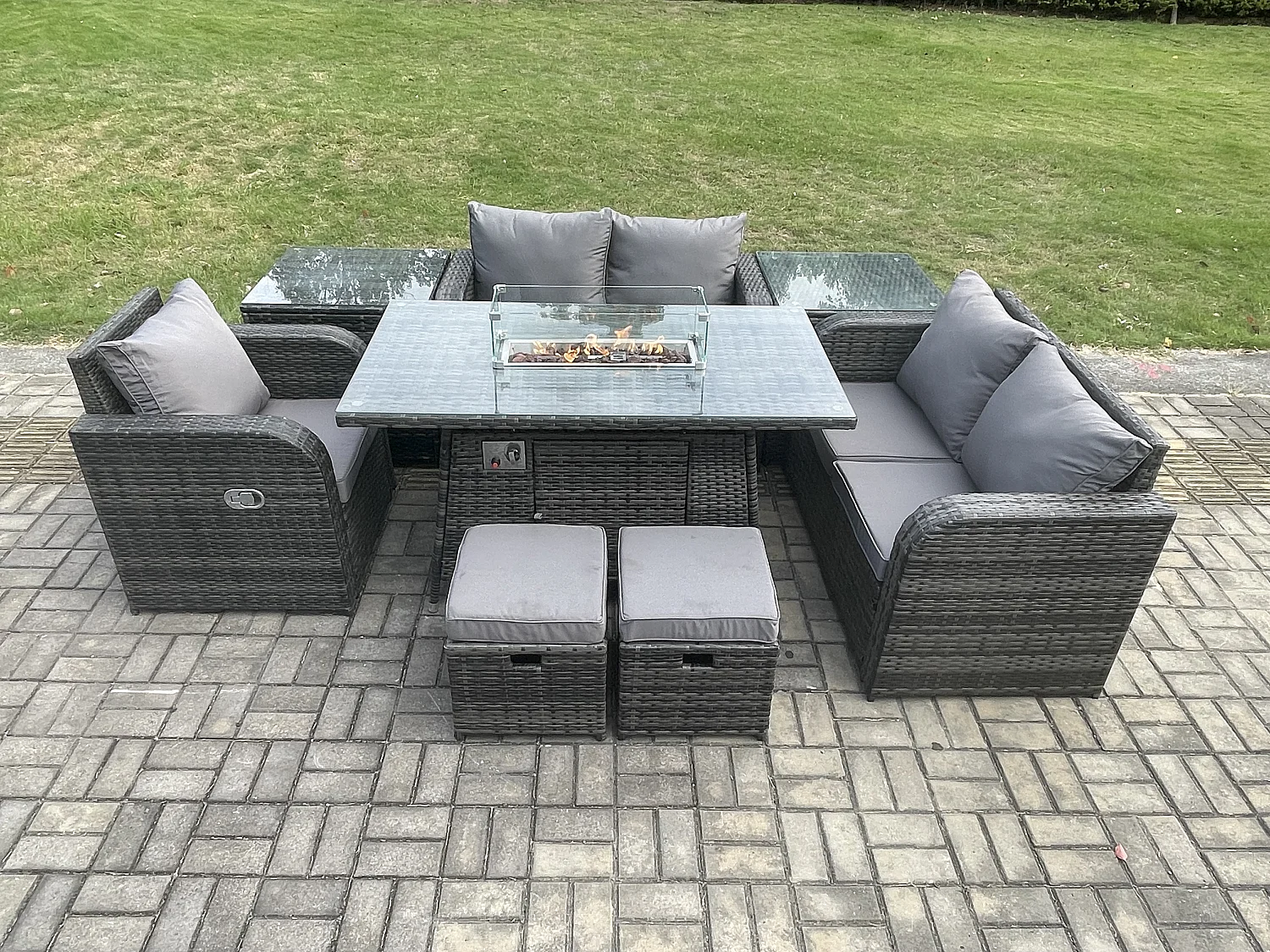 7-Sitzer Gartensofa Set mit Gas Feuertisch Dunkelgrau