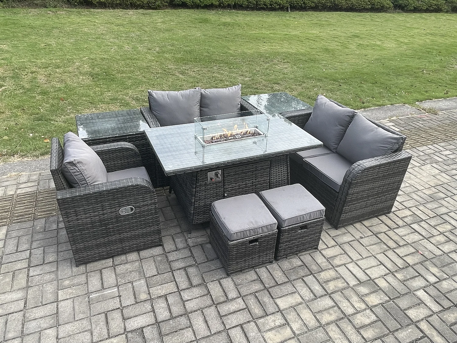 7-Sitzer Gartensofa Set mit Gas Feuertisch Dunkelgrau