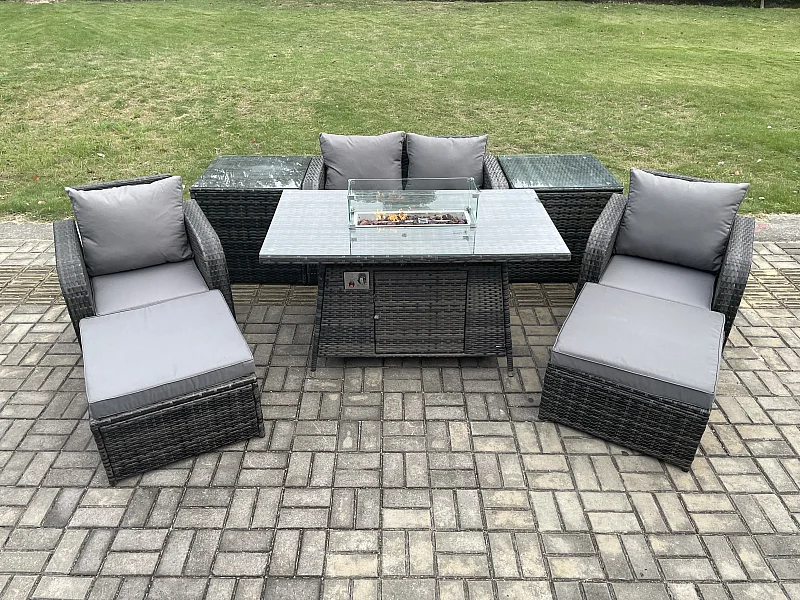 6-Sitzer Gartengarnitur Polyrattan mit Gas Feuerstelle