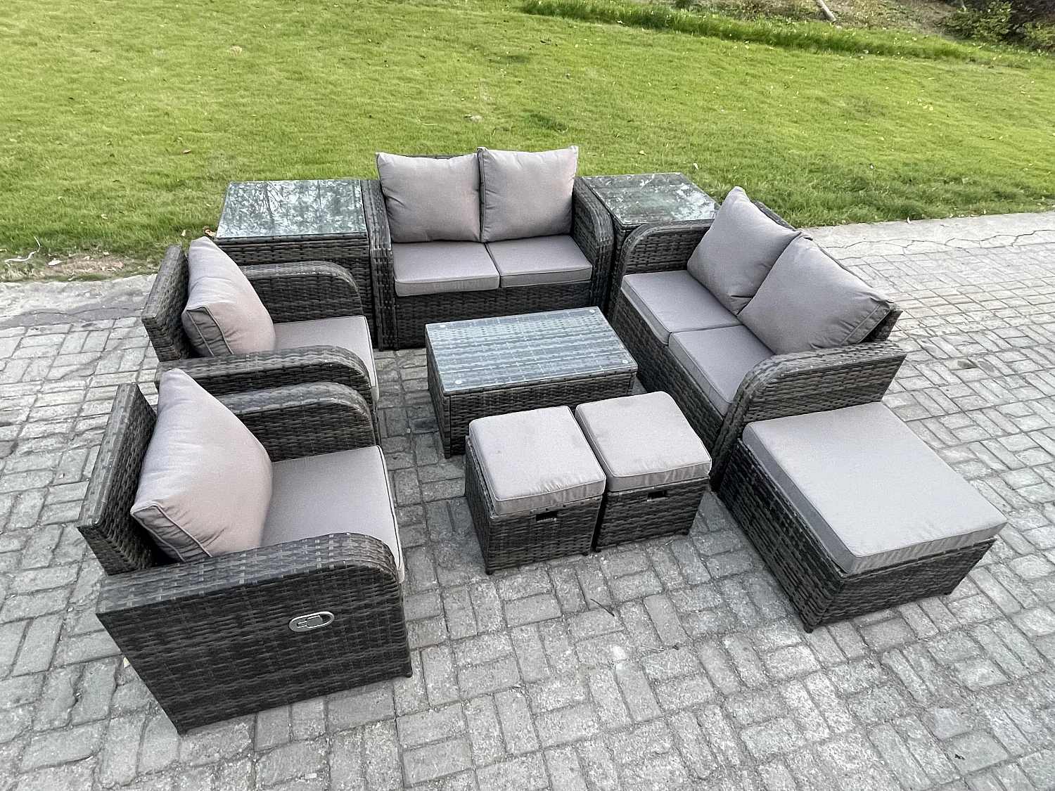 Rattan Gartenmöbel Set mit Tish Sofa 9-Sitzer Dunkelgrau