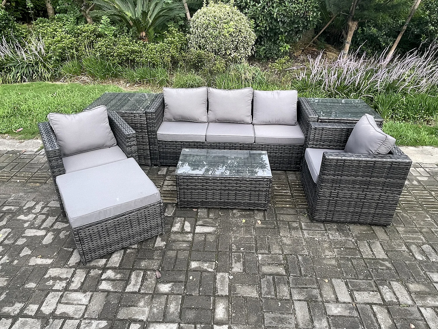Fimous Outdoor Rattan Garden Furniture Set with 3 Seater Sofa Coffee Table 2 Side Tables 2 Armchairs Big Footstool Patio Lounge Sofa Set Dark Grey Mixed