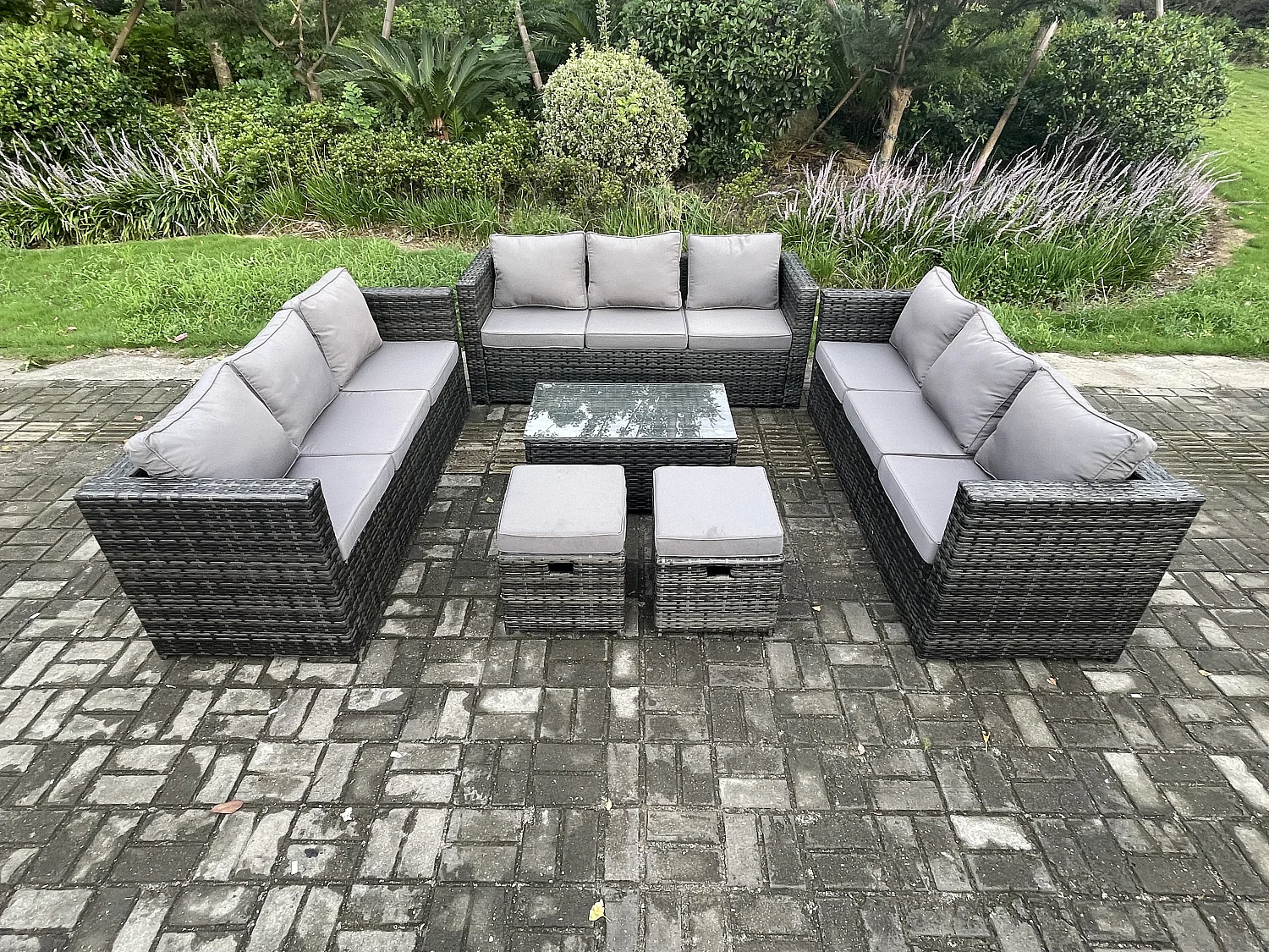 Gartenset im Freien mit Couchtisch Sofa Polyrattan 11-Sitzer Dunkelgrau