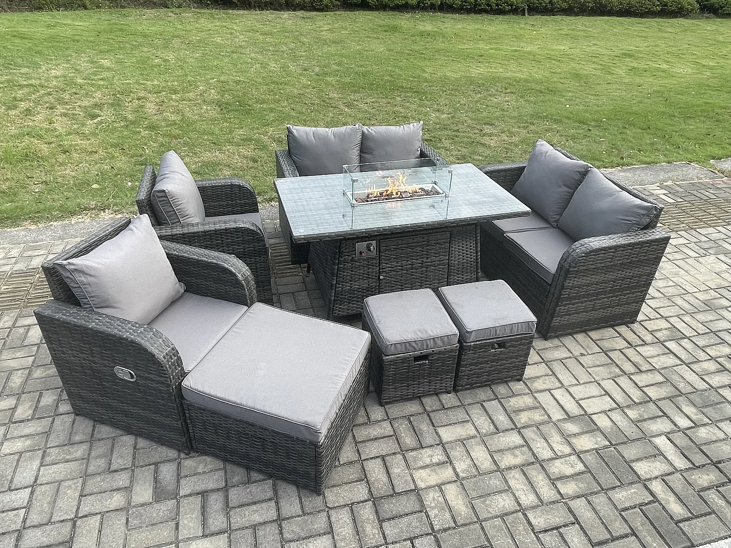 Gartensofa Garnitur mit Gas Feuerstelle 9-Sitzer Dunkelgrau