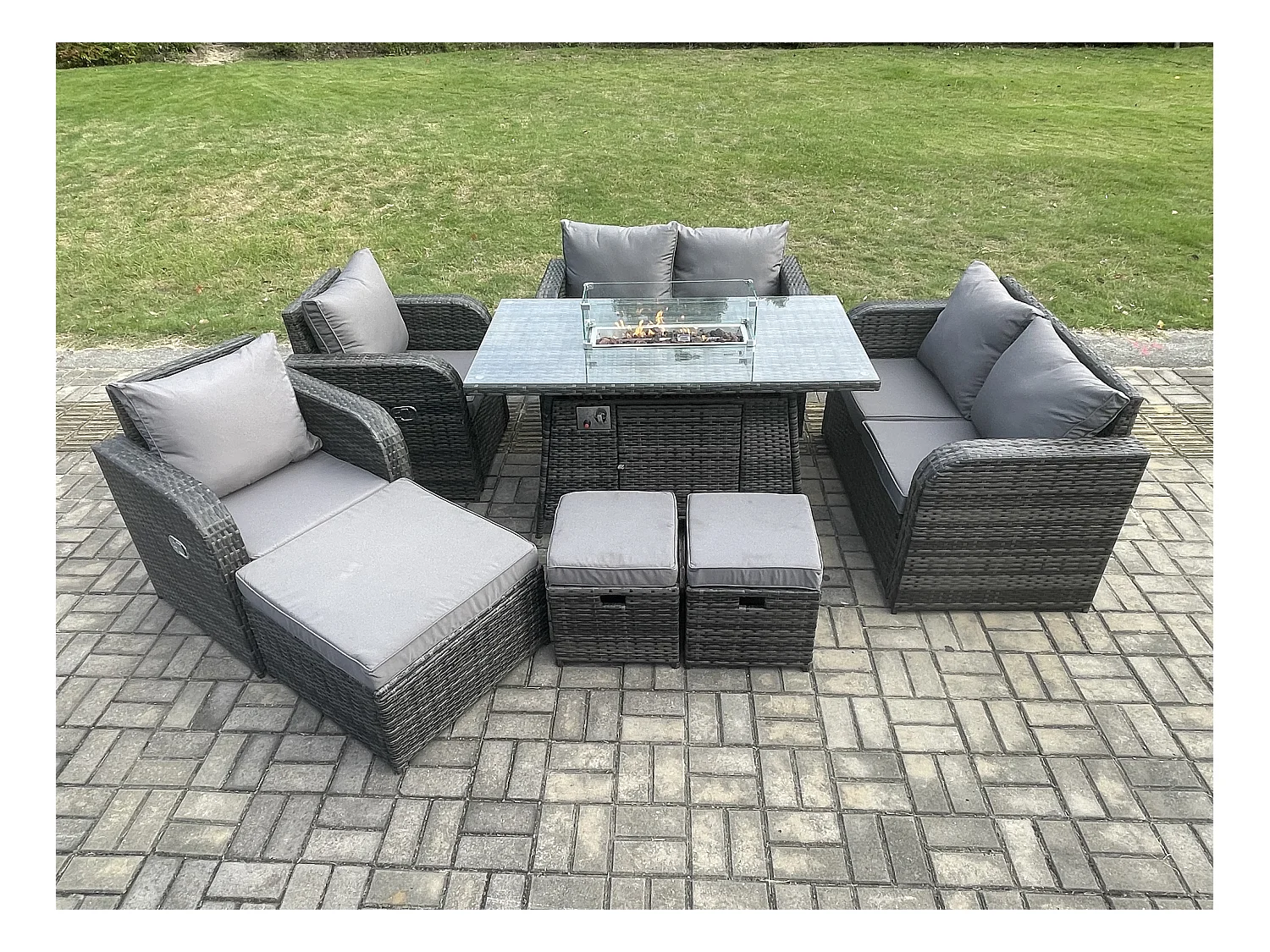 Gartensofa Garnitur mit Gas Feuerstelle 9-Sitzer Dunkelgrau