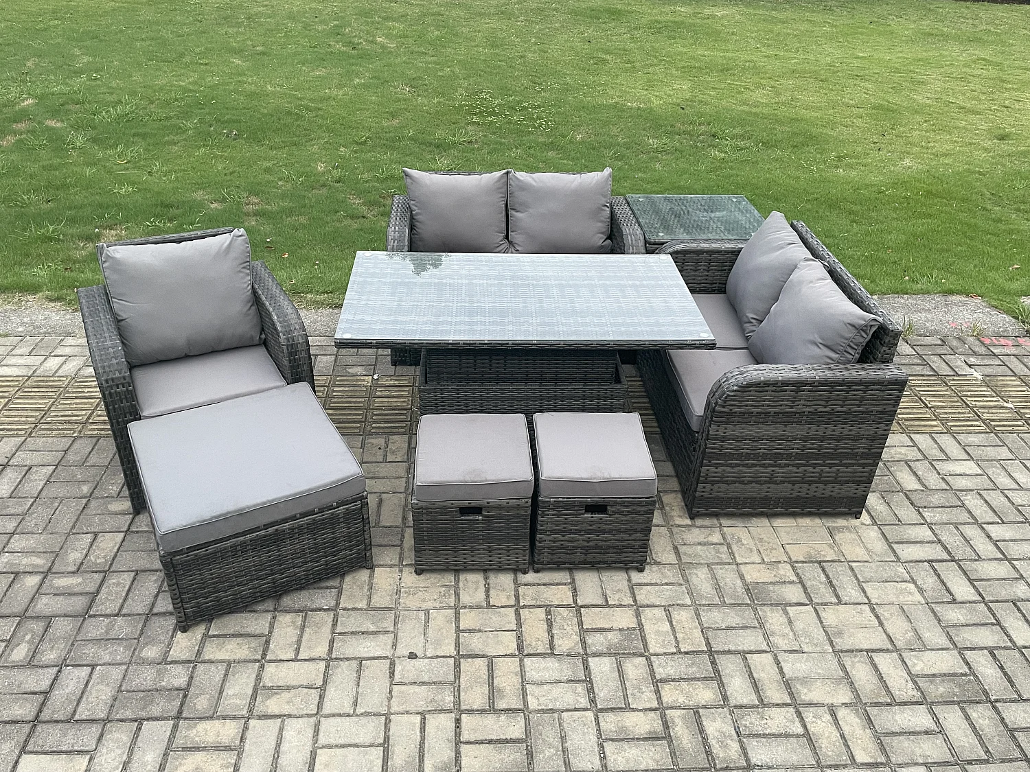 8-Sitzer Polyrattan Gartenmöbel Set mit Esstisch Dunkelgrau