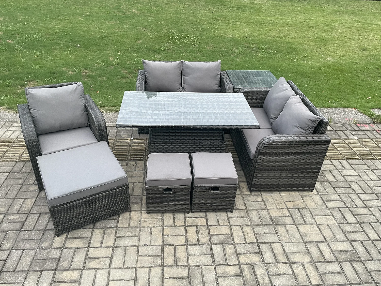 8-Sitzer Polyrattan Gartenmöbel Set mit Esstisch Dunkelgrau