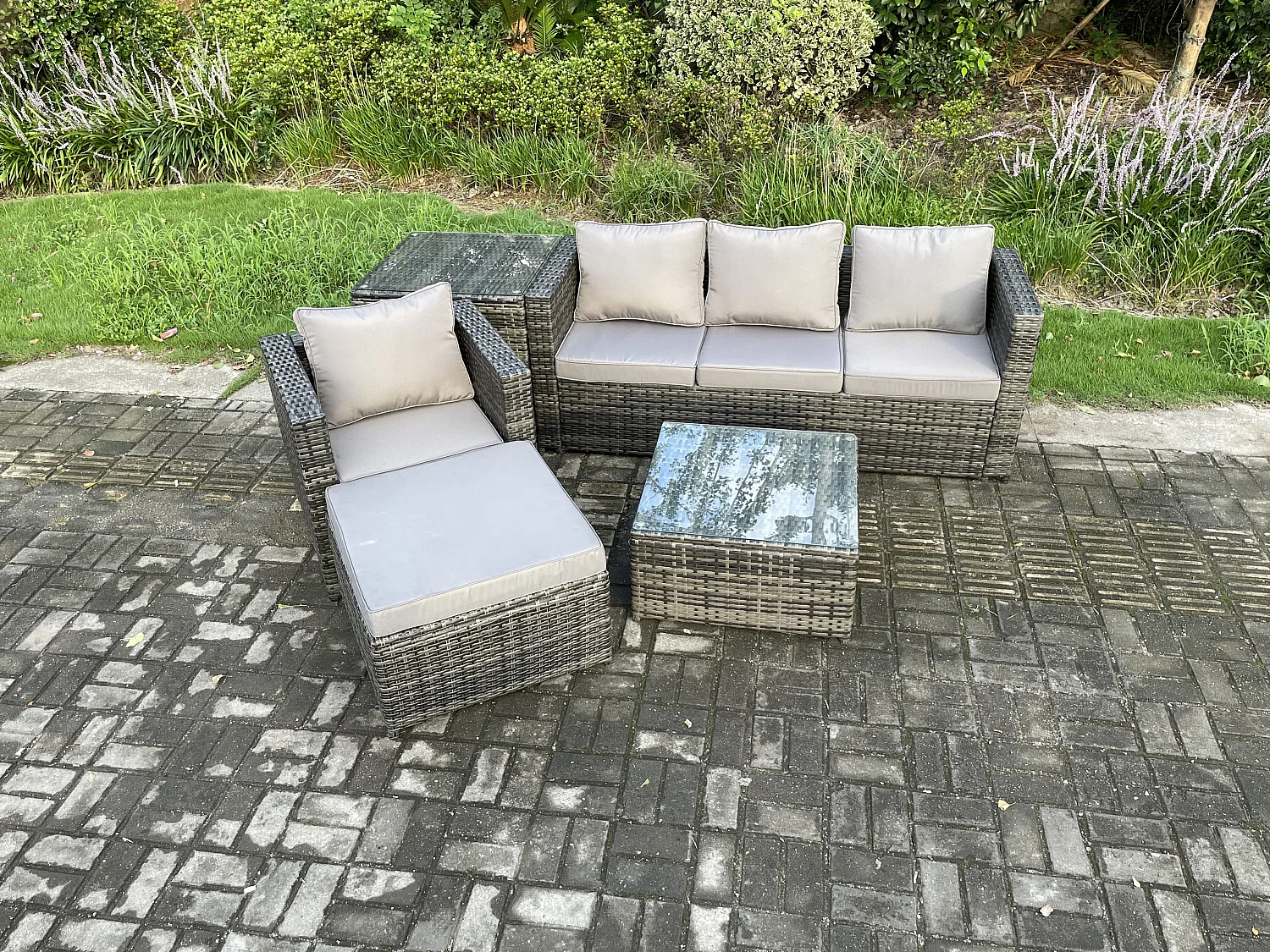 7-Sitzer Polyrattan Gartenmöbelset mit Beistelltisch Dunkelgrau