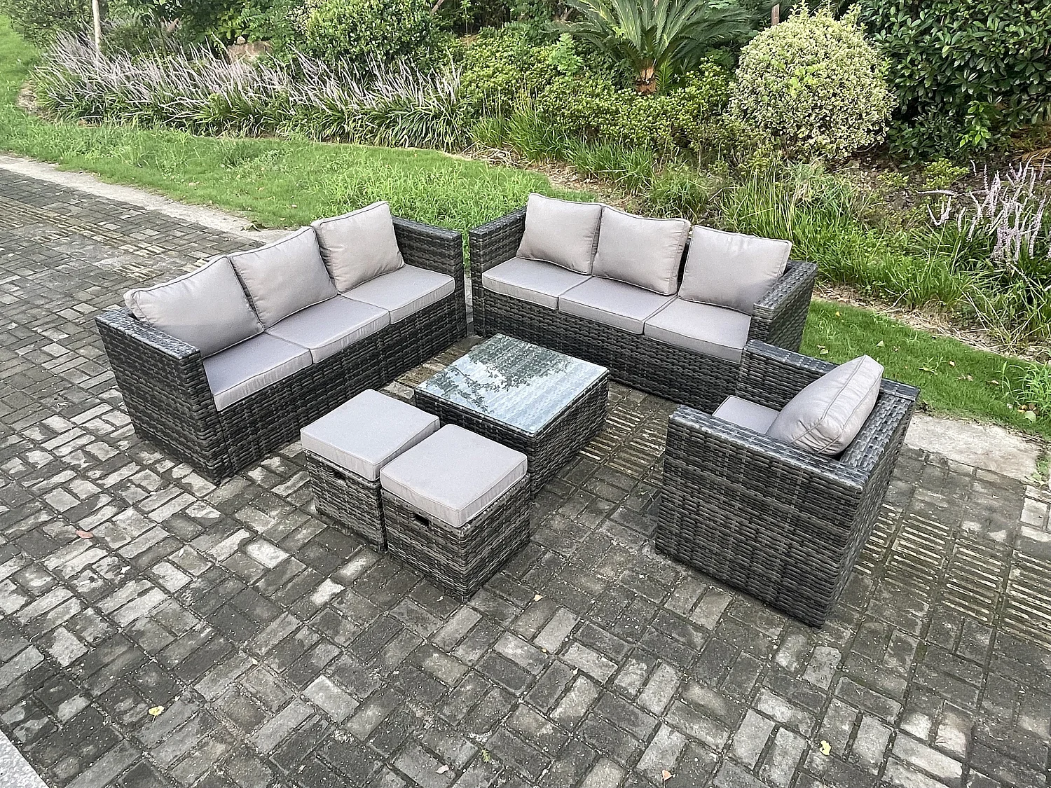 Fimous Rattan Garden Furniture Sofa Set with Armchair Square Coffee Table 2 Small Footstools Indoor Side Table Outdoor 9 Seater Rattan Set Dark Grey Mixed