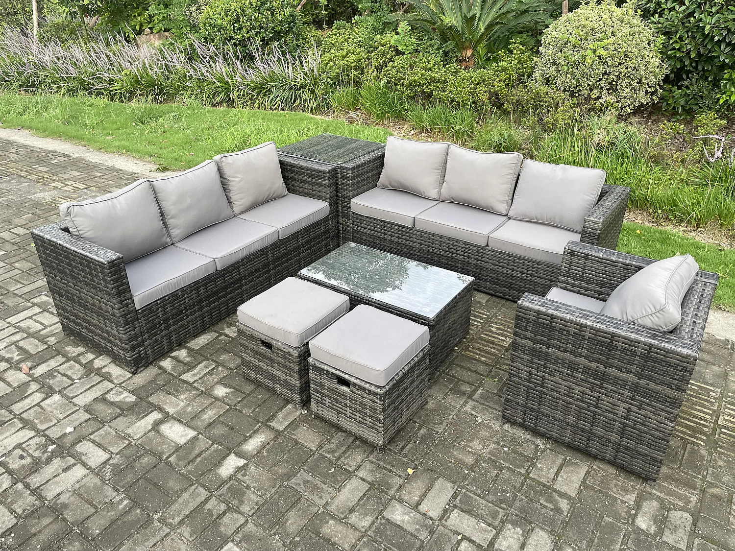 Fimous Wicker PE Rattan Sofa Set Outdoor Patio Garden Furniture with Armchair Oblong Coffee Table Side Table 2 Small Footstools Dark Grey Mixed