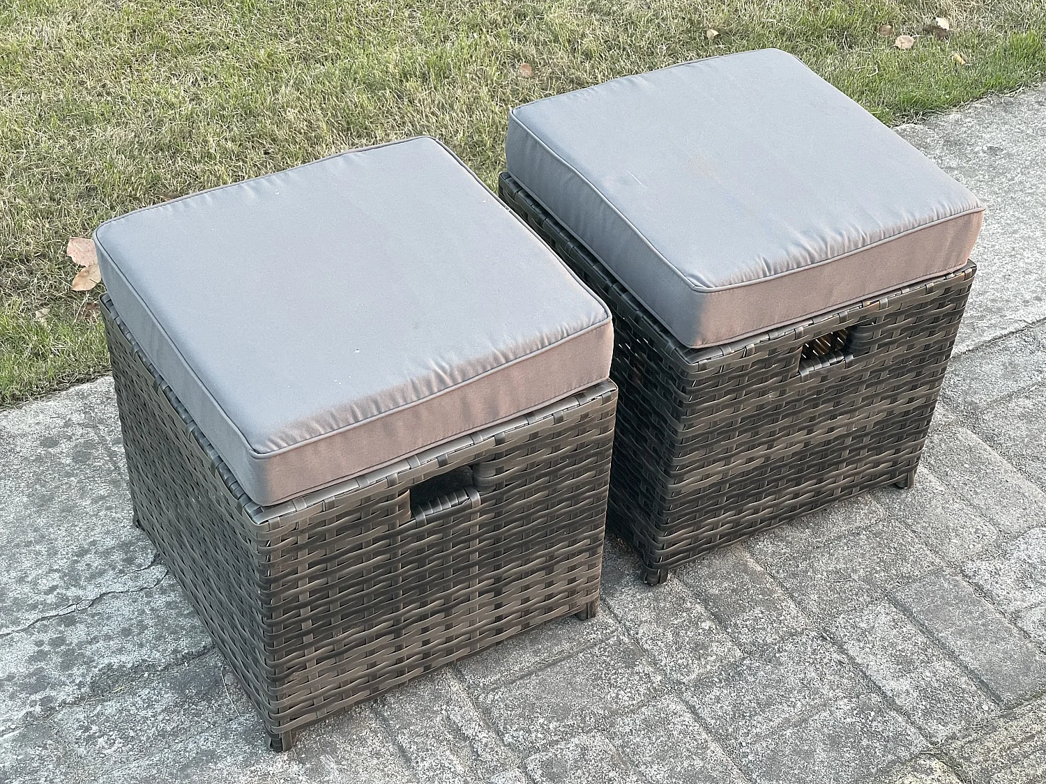 Fimous Wicker PE Rattan Sofa Set Outdoor Patio Garden Furniture with Armchair Oblong Coffee Table Side Table 2 Small Footstools Dark Grey Mixed