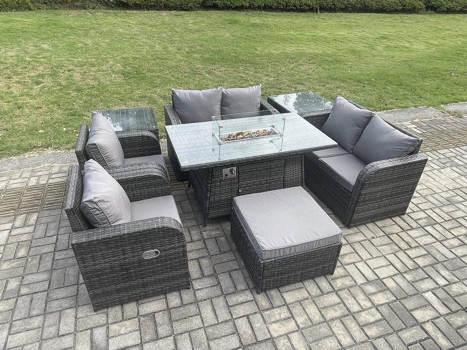 Gartengarnitur Polyrattan mit Gas Feuerstelle 7-Sitzer