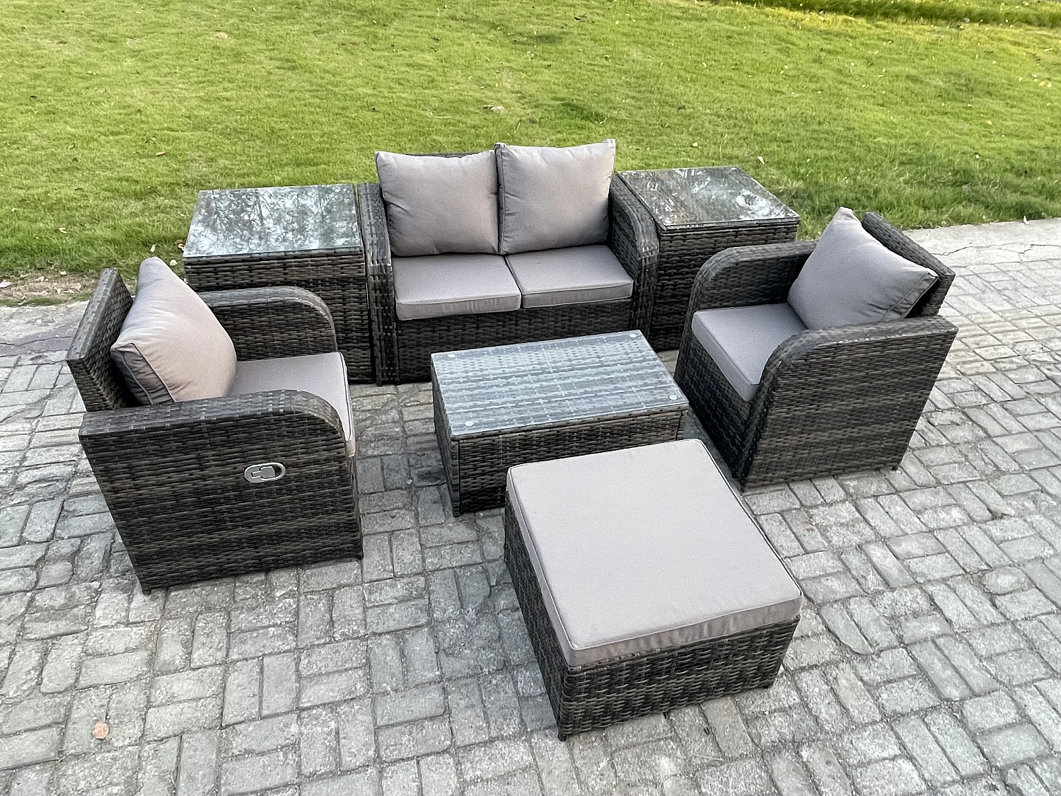 Rattan Gartenmöbel Set mit Gartensofa 5-Sitzer Dunkelgrau