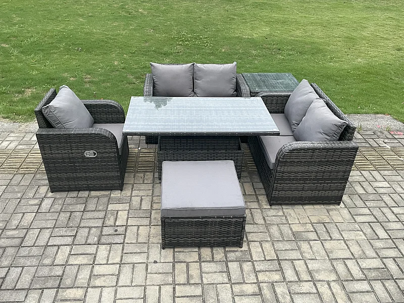 6-Sitzer Polyrattan Gartenmöbel Set mit Esstisch Hocker