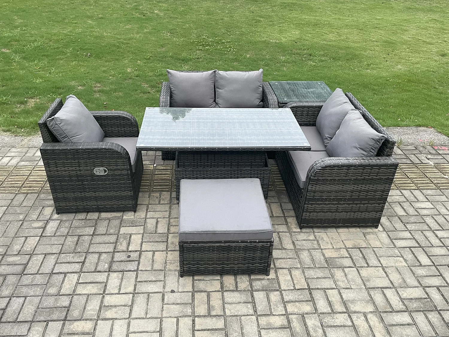 6-Sitzer Polyrattan Gartenmöbel Set mit Esstisch Hocker