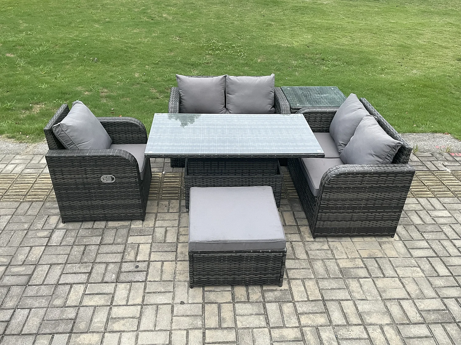 6-Sitzer Polyrattan Gartenmöbel Set mit Esstisch Hocker