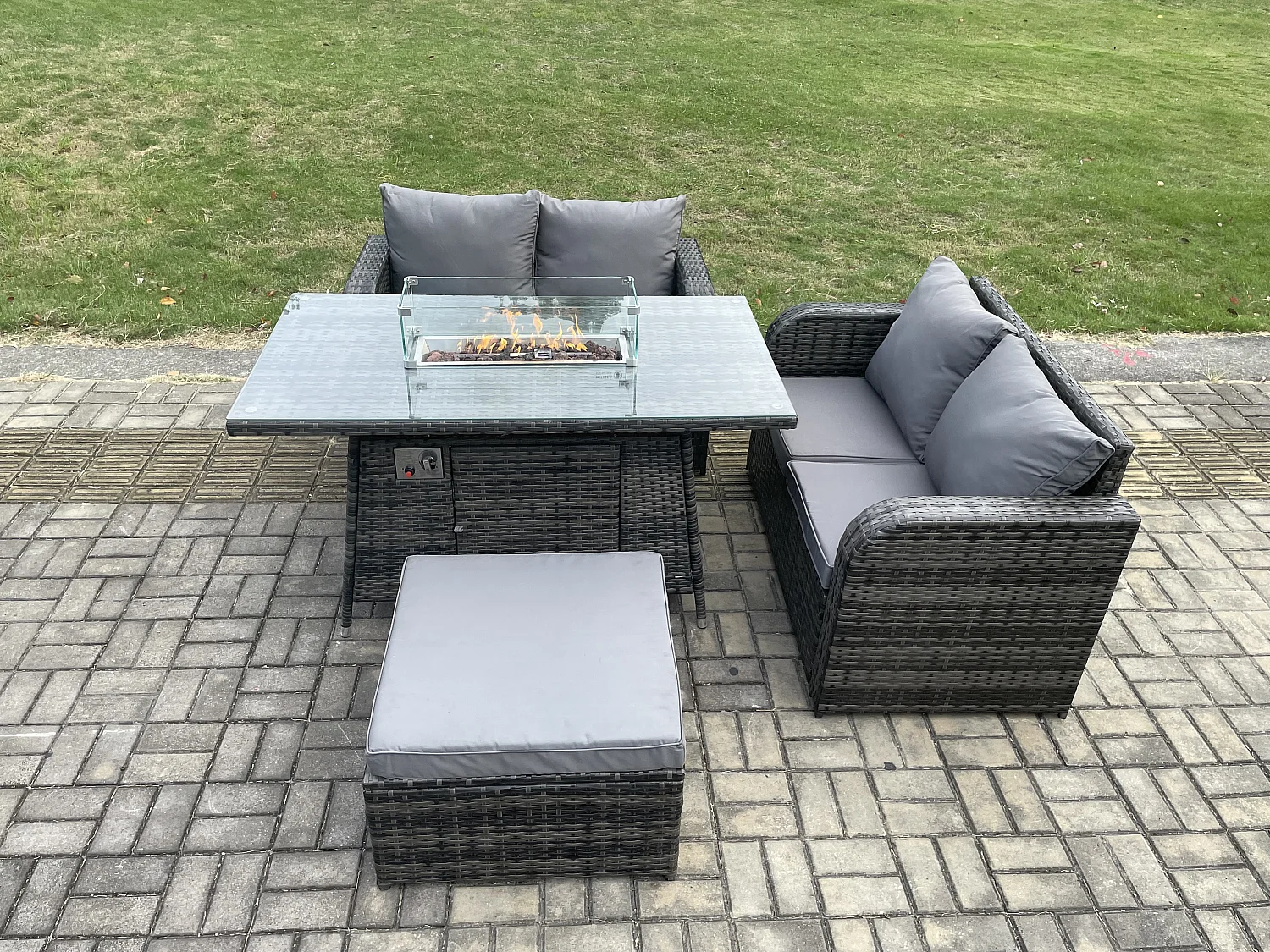 Gartengarnitur Polyrattan mit Gas Feuerstelle 5-Sitzer Dunkelgrau