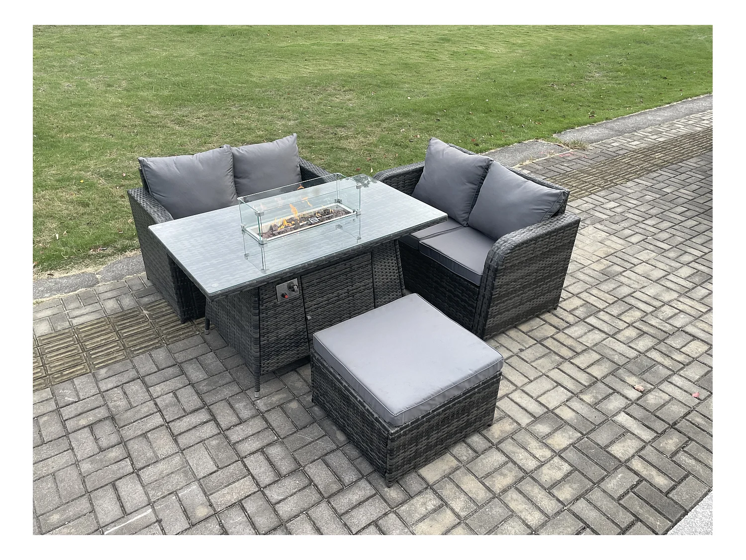 Gartengarnitur Polyrattan mit Gas Feuerstelle 5-Sitzer Dunkelgrau