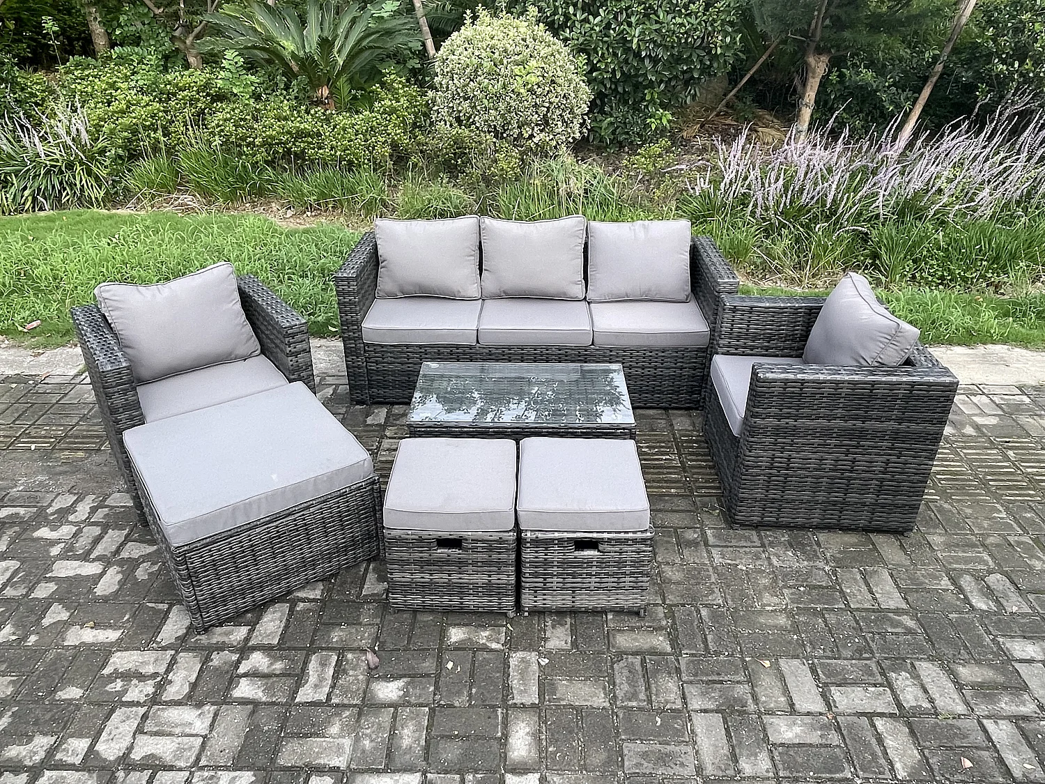 Fimous Outdoor Rattan Garden Furniture Set with 3 Seater Sofa Coffee Table 2 Armchairs 3 Footstools Patio Lounge Sofa Set Dark Grey Mixed