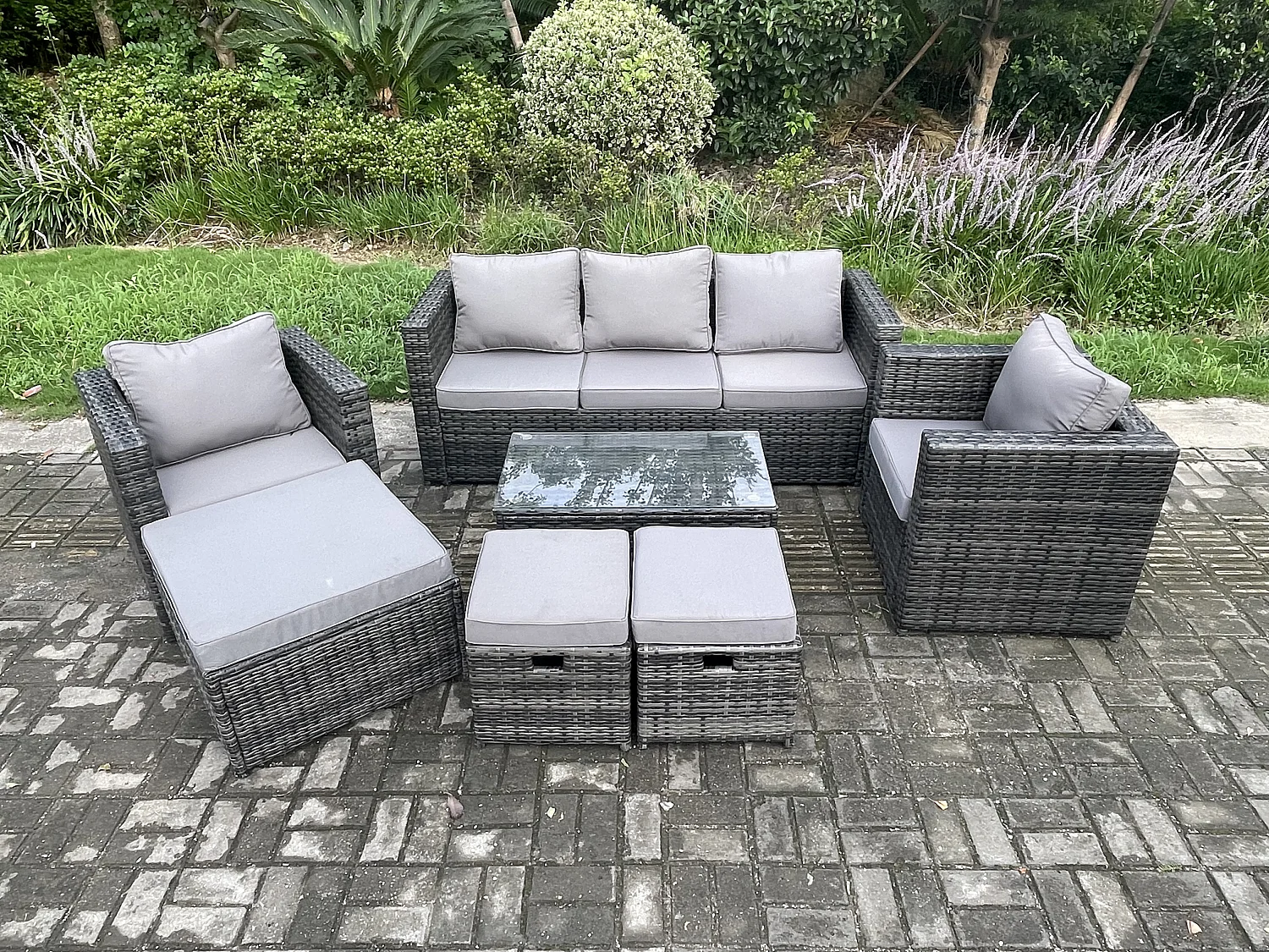 Fimous Outdoor Rattan Garden Furniture Set with 3 Seater Sofa Coffee Table 2 Armchairs 3 Footstools Patio Lounge Sofa Set Dark Grey Mixed