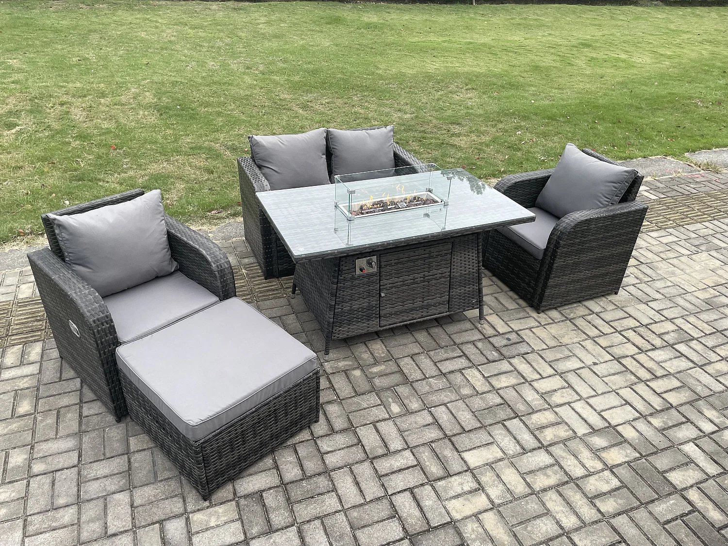 Gartengarnitur Polyrattan mit Gas Feuertisch 5-Sitzer Dunkelgrau