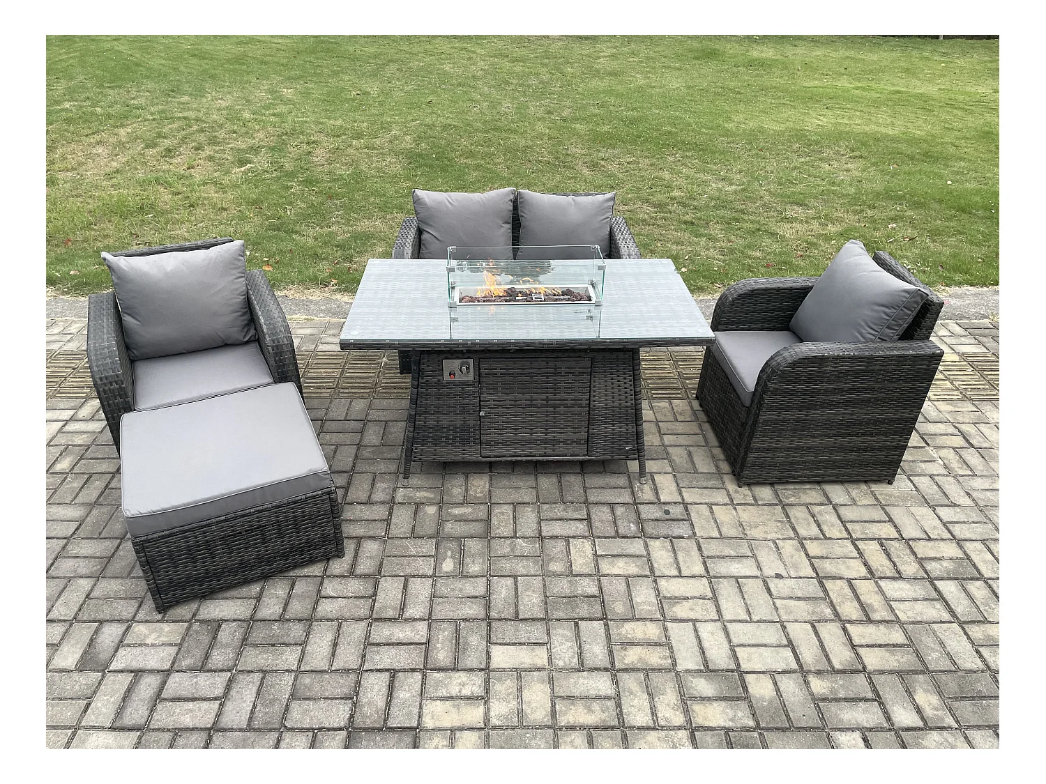 Gartengarnitur Polyrattan mit Gas Feuertisch 5-Sitzer Dunkelgrau