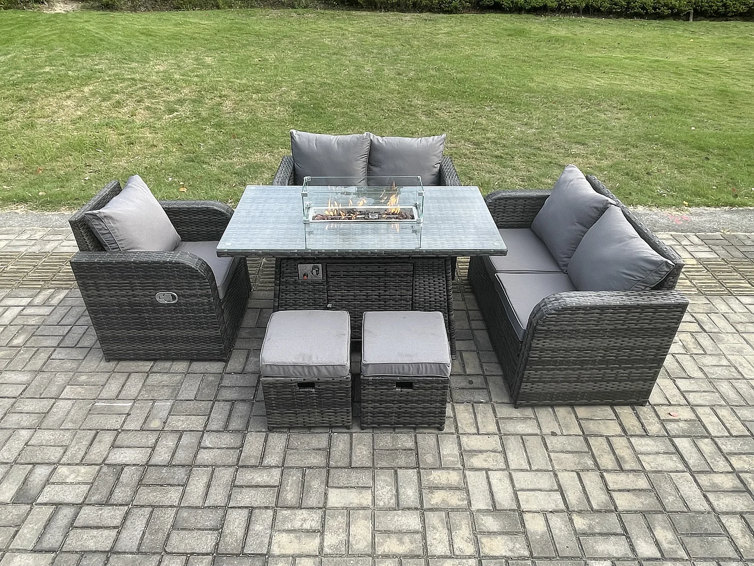 Gartensofa Set mit Gas Feuertisch Dunkelgrau 7-Sitzer