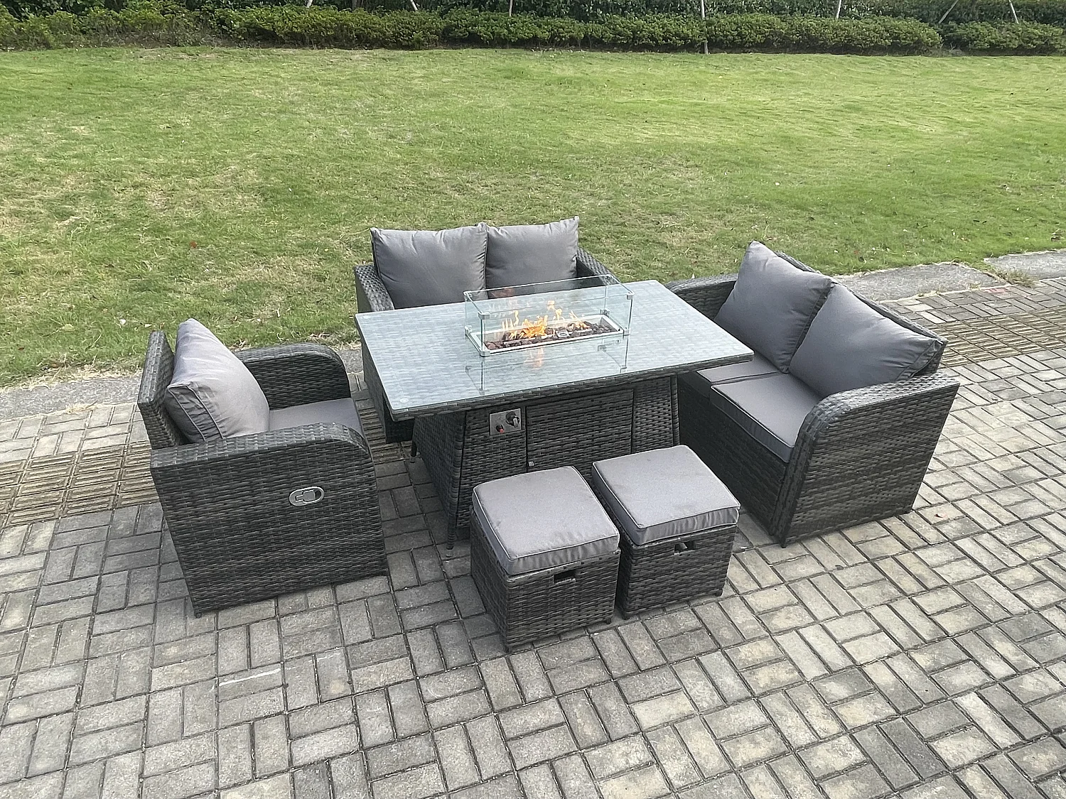 Gartensofa Set mit Gas Feuertisch Dunkelgrau 7-Sitzer