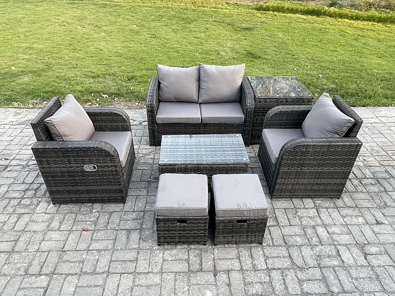 Rattan Gartenmöbel Set mit Gartensofa 6-Sitzer Dunkelgrau