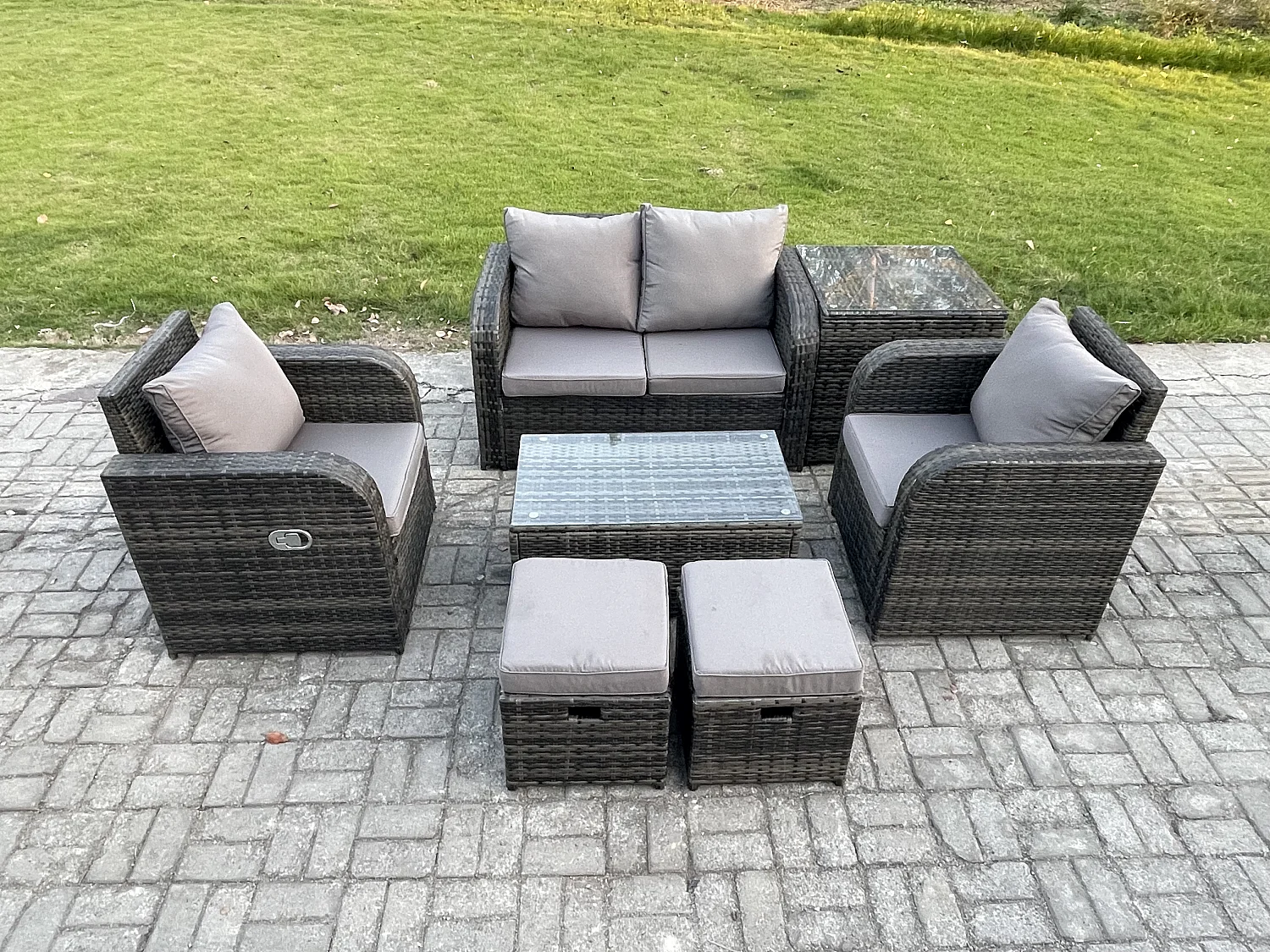 Rattan Gartenmöbel Set mit Gartensofa 6-Sitzer Dunkelgrau