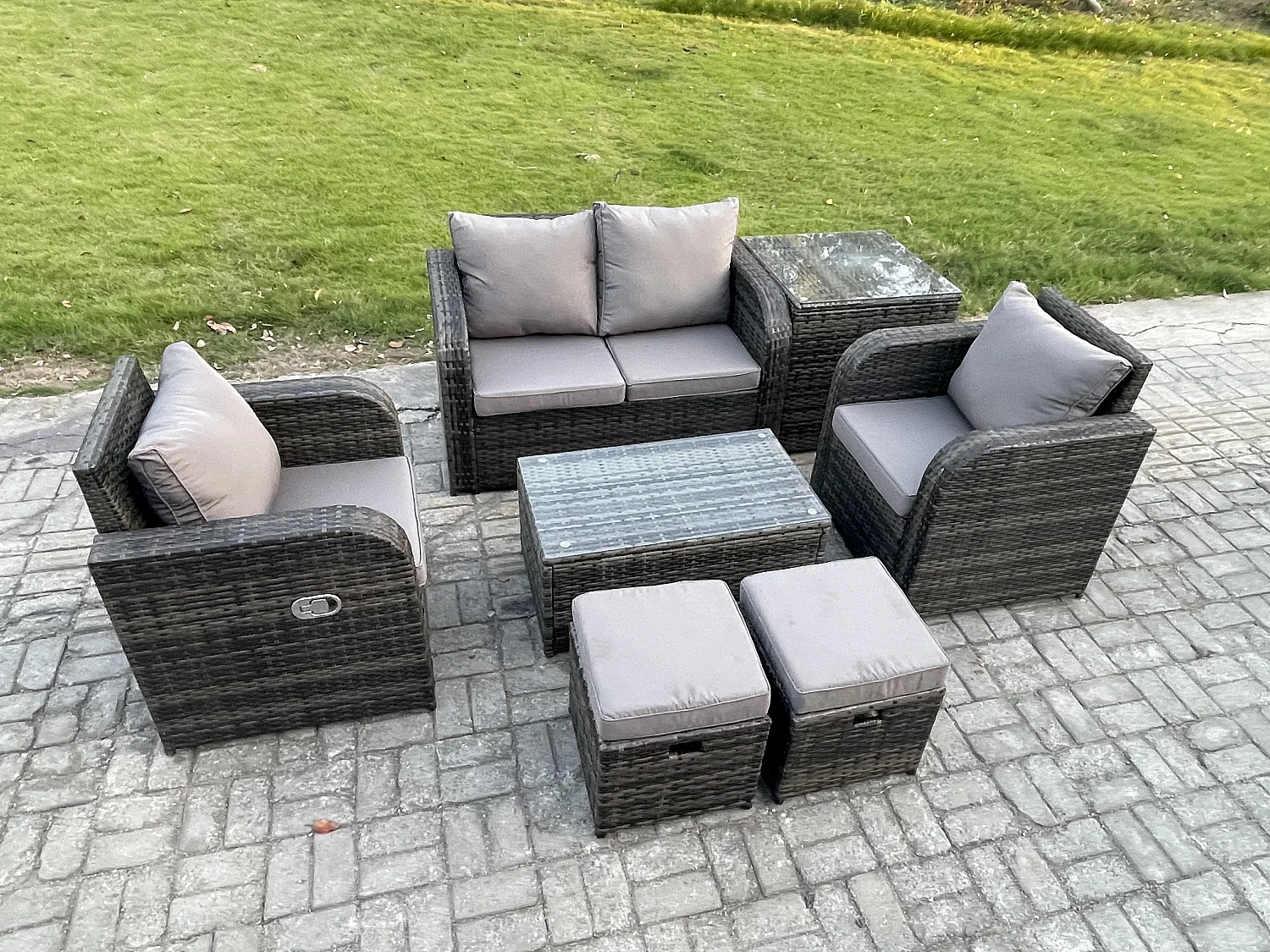 Rattan Gartenmöbel Set mit Gartensofa 6-Sitzer Dunkelgrau