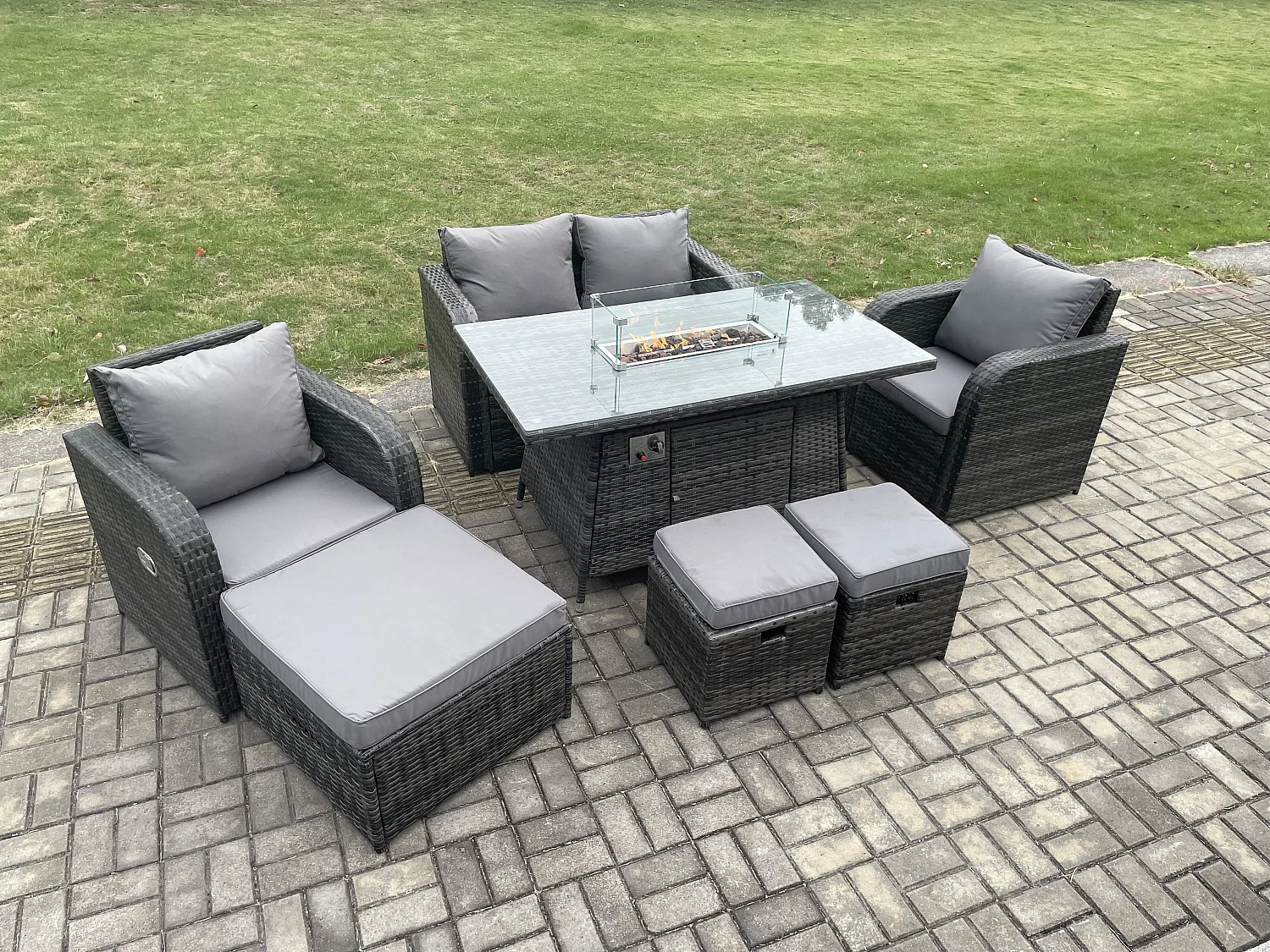 Gartengarnitur Polyrattan mit Gas Feuertisch 7-Sitzer Dunkelgrau