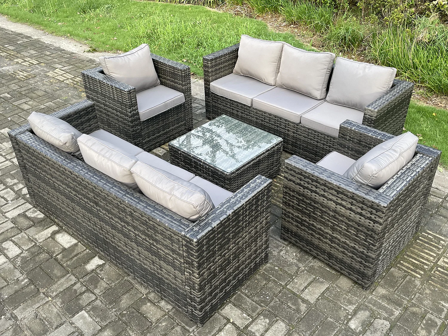 Fimous Rattan Garden Furniture Set 8 Seater Patio Outdoor Lounge Sofa Set with 2 Armchairs Square Coffee Table Dark Grey Mixed