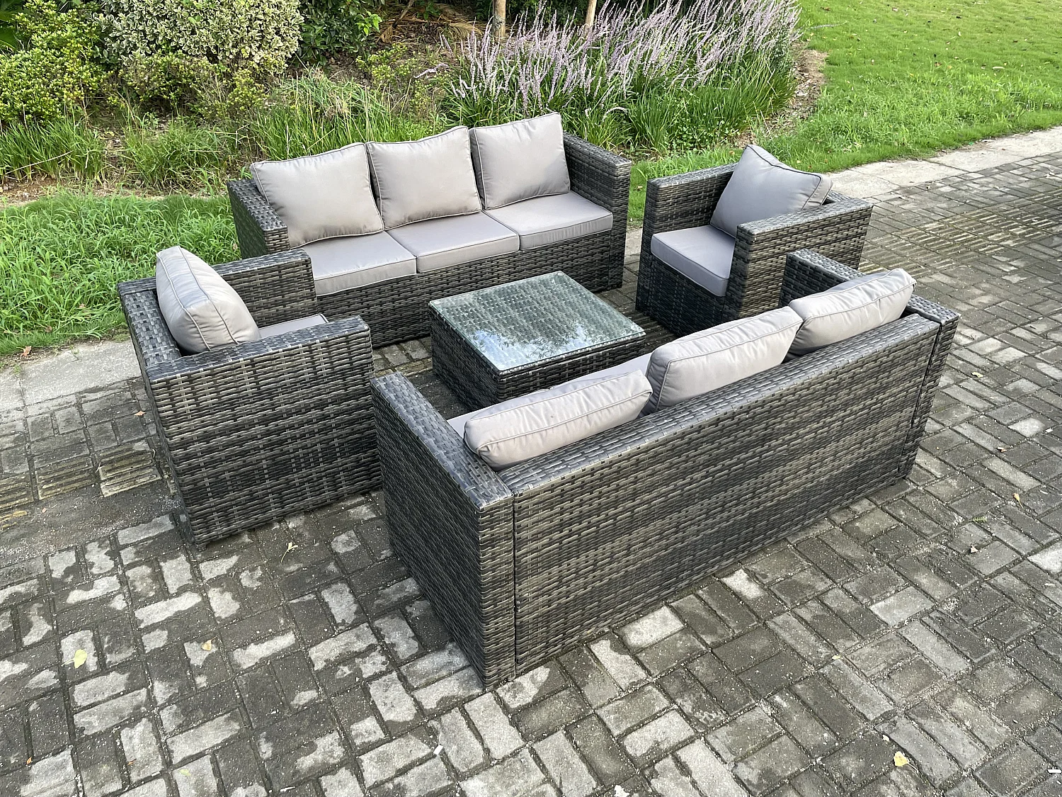 Fimous Rattan Garden Furniture Set 8 Seater Patio Outdoor Lounge Sofa Set with 2 Armchairs Square Coffee Table Dark Grey Mixed