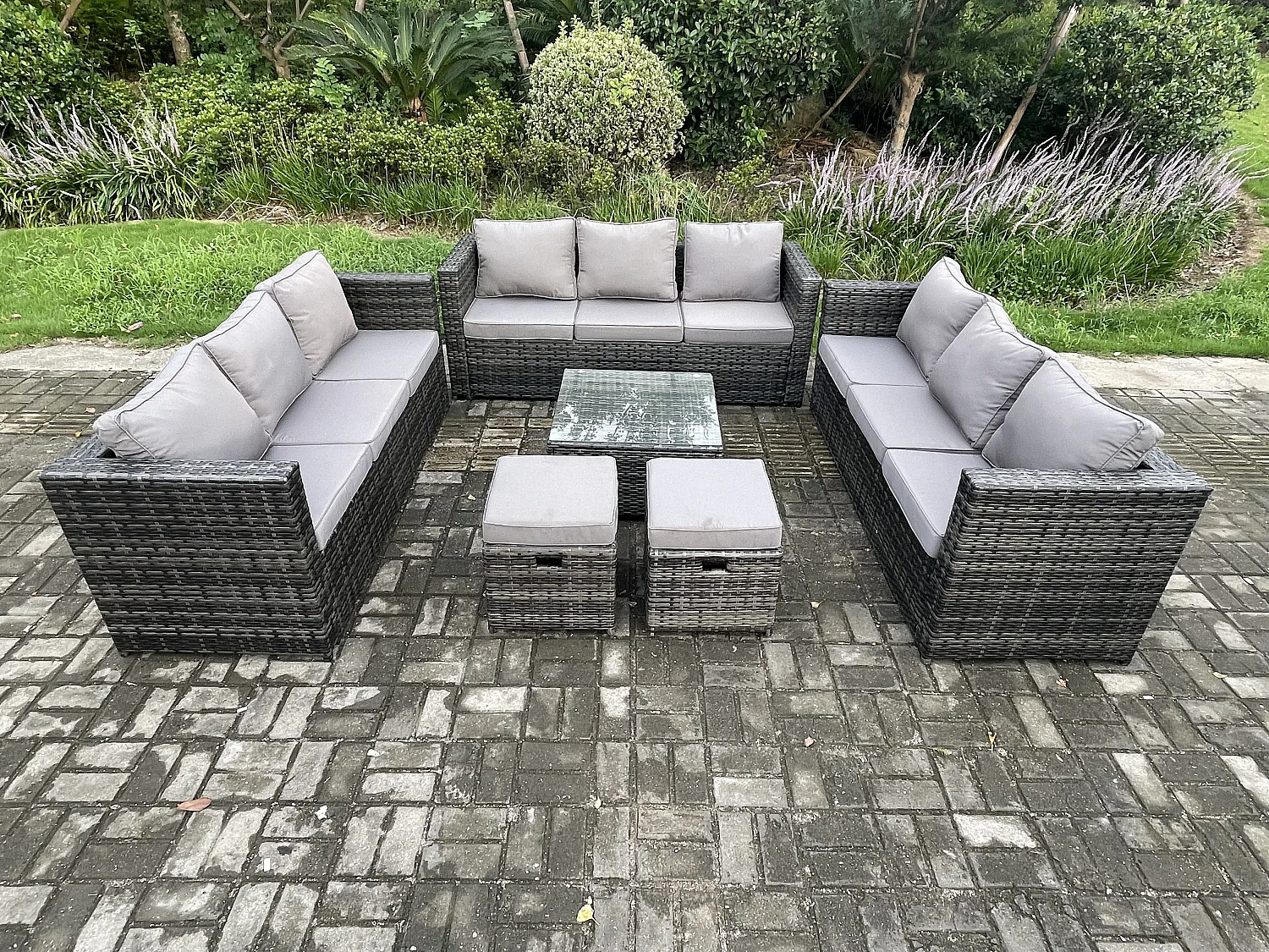 Polyrattan Gartenmöbelset im Freien mit Beistelltisch Dunkelgrau 11-Sitzer