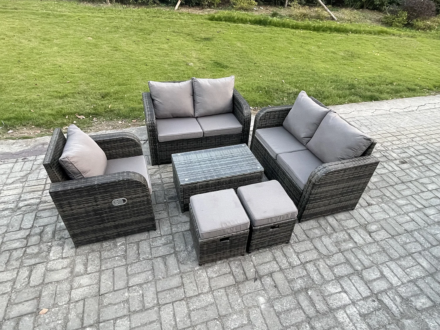 Gartenmöbel Set Sitzgruppe Terrasse Polyrattan Dunkelgrau 7-Sitzer