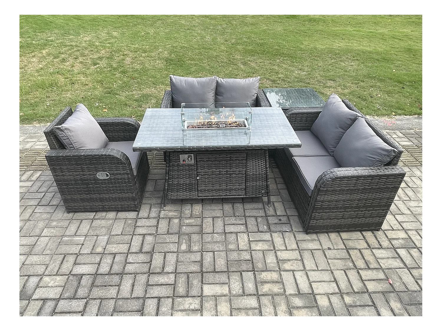5-Sitzer Gartensofa Set mit Gas Feuerstelle Dunkelgrau