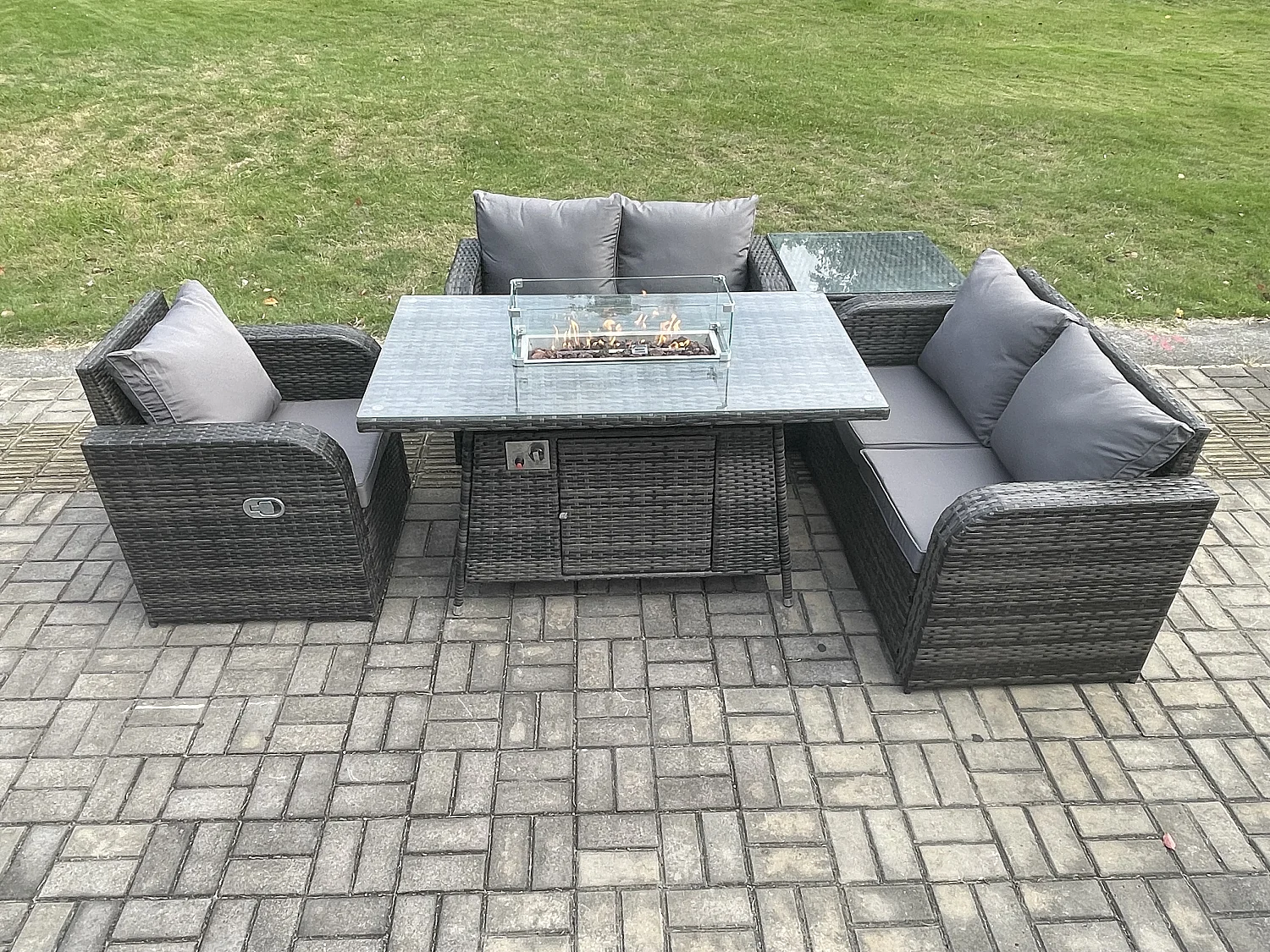 5-Sitzer Gartensofa Set mit Gas Feuerstelle Dunkelgrau