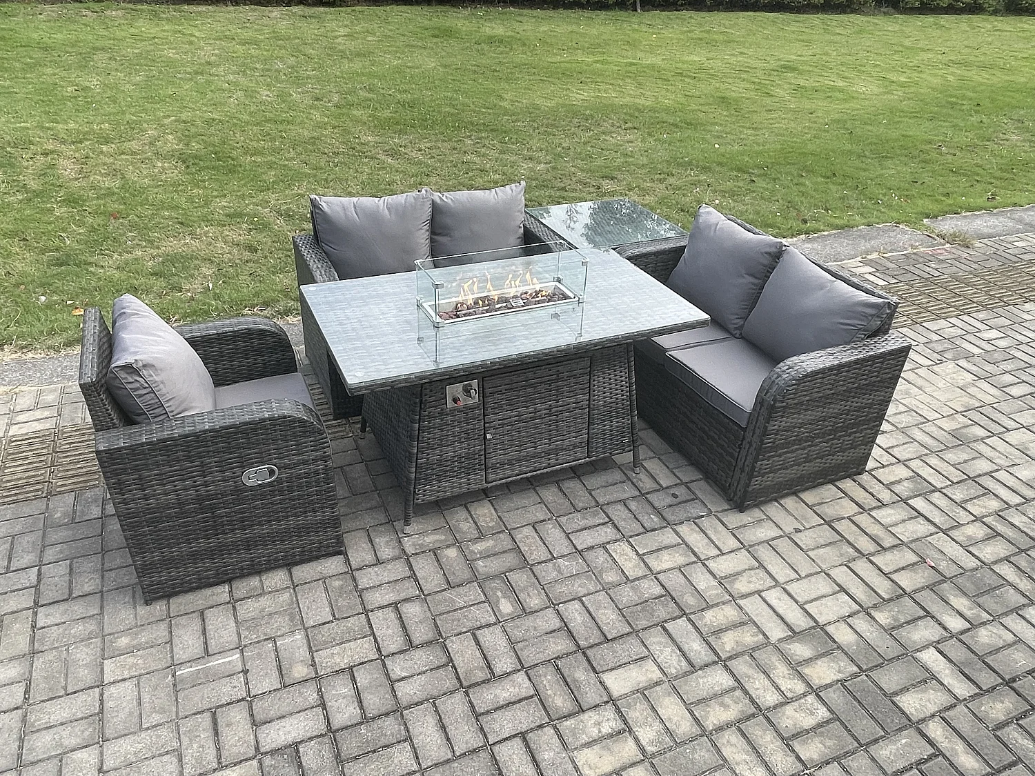 5-Sitzer Gartensofa Set mit Gas Feuerstelle Dunkelgrau