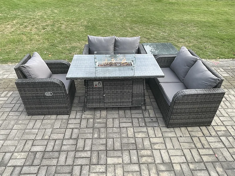 5-Sitzer Gartensofa Set mit Gas Feuerstelle Dunkelgrau