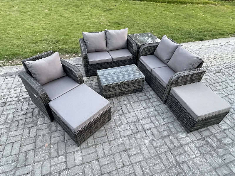 Polyrattan Gartenmöbel 7er-Set Terrasse Sitzgruppe Dunkelgrau